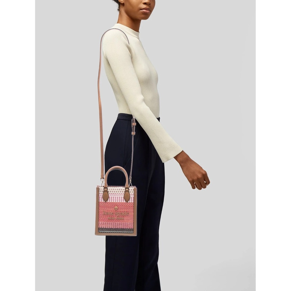 Kate Spade Manhattan Woven Stripe North South Mini Tote Pink Orange Tan Bag - Picture 7 of 7